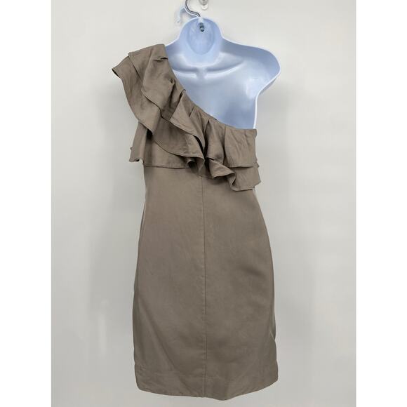 Banana Republic One Shoulder Tan Ruffle Dress 100% Silk Size 4P 4 Petite - Picture 10 of 11